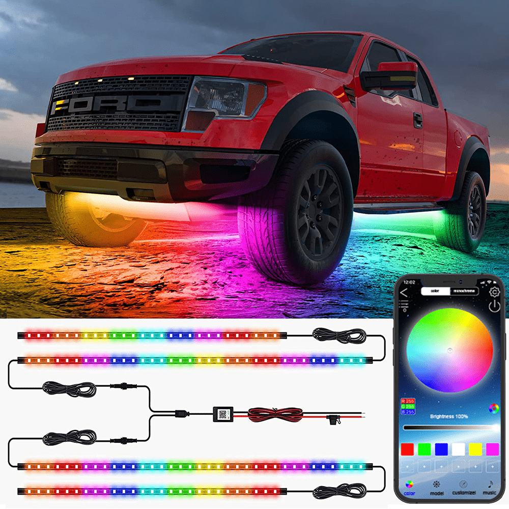 FLASHARK Auto-Unterfahrlichter-Streifen-Kit RGB-LED-Leuchten mit App-Steuerung, Sound Active-Funktion und drahtloser Fernbedienung (4 Stück LED-Lichtleisten mit 6 Fuß Verlängerungskabel und Kabelbinder)