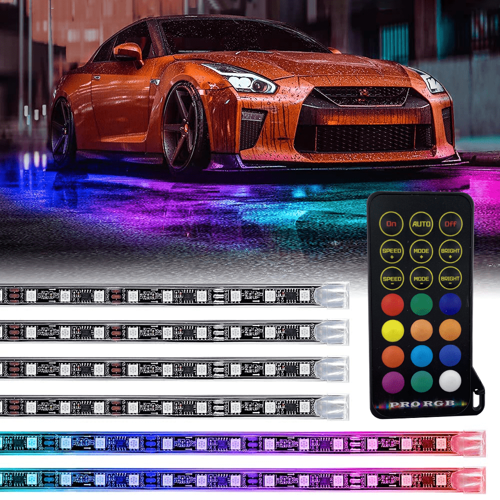 FLASHARK Auto-Unterfahrlichter-Streifen-Kit RGB-LED-Leuchten mit App-Steuerung, Sound Active-Funktion und drahtloser Fernbedienung (4 Stück LED-Lichtleisten mit 6 Fuß Verlängerungskabel und Kabelbinder)