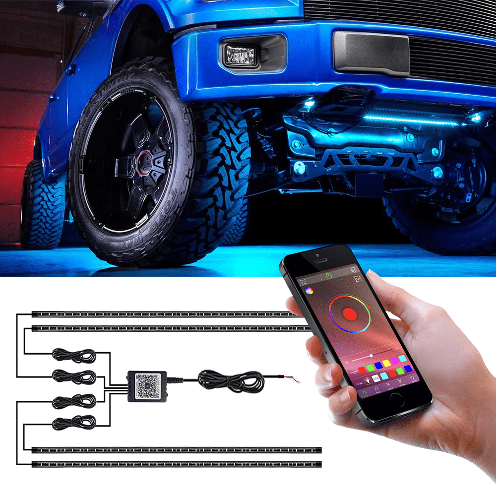 FLASHARK Auto-Unterfahrlichter-Streifen-Kit RGB-LED-Leuchten mit App-Steuerung, Sound Active-Funktion und drahtloser Fernbedienung (4 Stück LED-Lichtleisten mit 6 Fuß Verlängerungskabel und Kabelbinder)