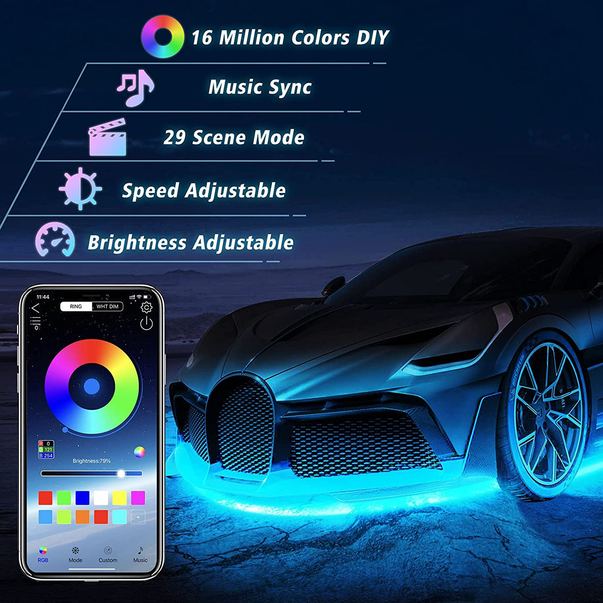 FLASHARK Auto-Unterfahrlichter-Streifen-Kit RGB-LED-Leuchten mit App-Steuerung, Sound Active-Funktion und drahtloser Fernbedienung (4 Stück LED-Lichtleisten mit 6 Fuß Verlängerungskabel und Kabelbinder)