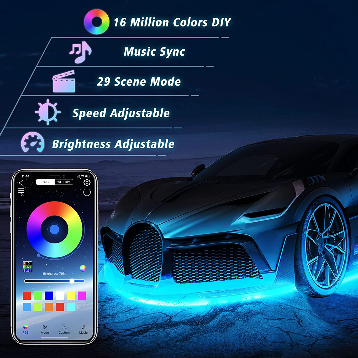 FLASHARK Auto-Unterfahrlichter-Streifen-Kit RGB-LED-Leuchten mit App-Steuerung, Sound Active-Funktion und drahtloser Fernbedienung (4 Stück LED-Lichtleisten mit 6 Fuß Verlängerungskabel und Kabelbinder)