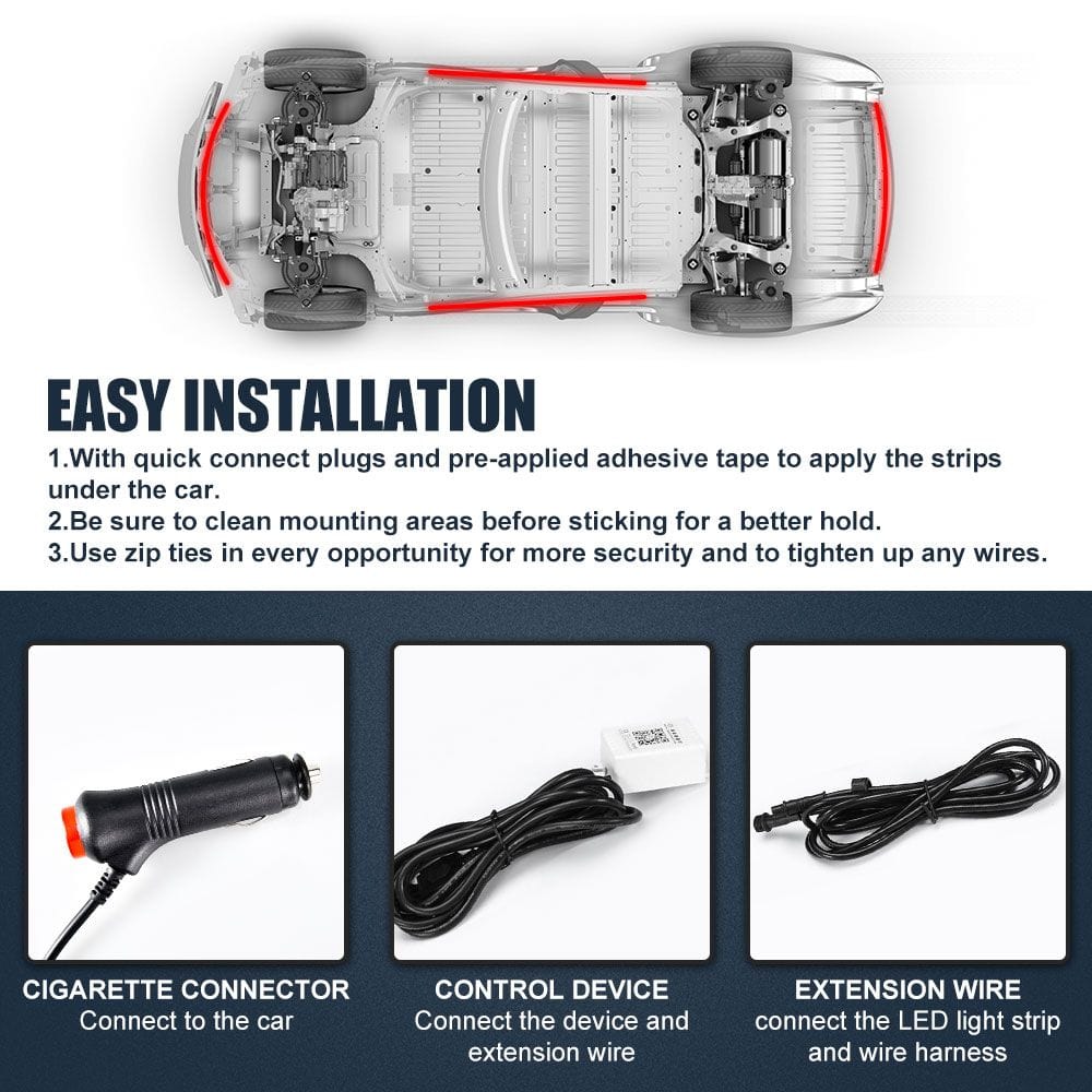 FLASHARK Auto-Unterfahrlichter-Streifen-Kit RGB-LED-Leuchten mit App-Steuerung, Sound Active-Funktion und drahtloser Fernbedienung (4 Stück LED-Lichtleisten mit 6 Fuß Verlängerungskabel und Kabelbinder)