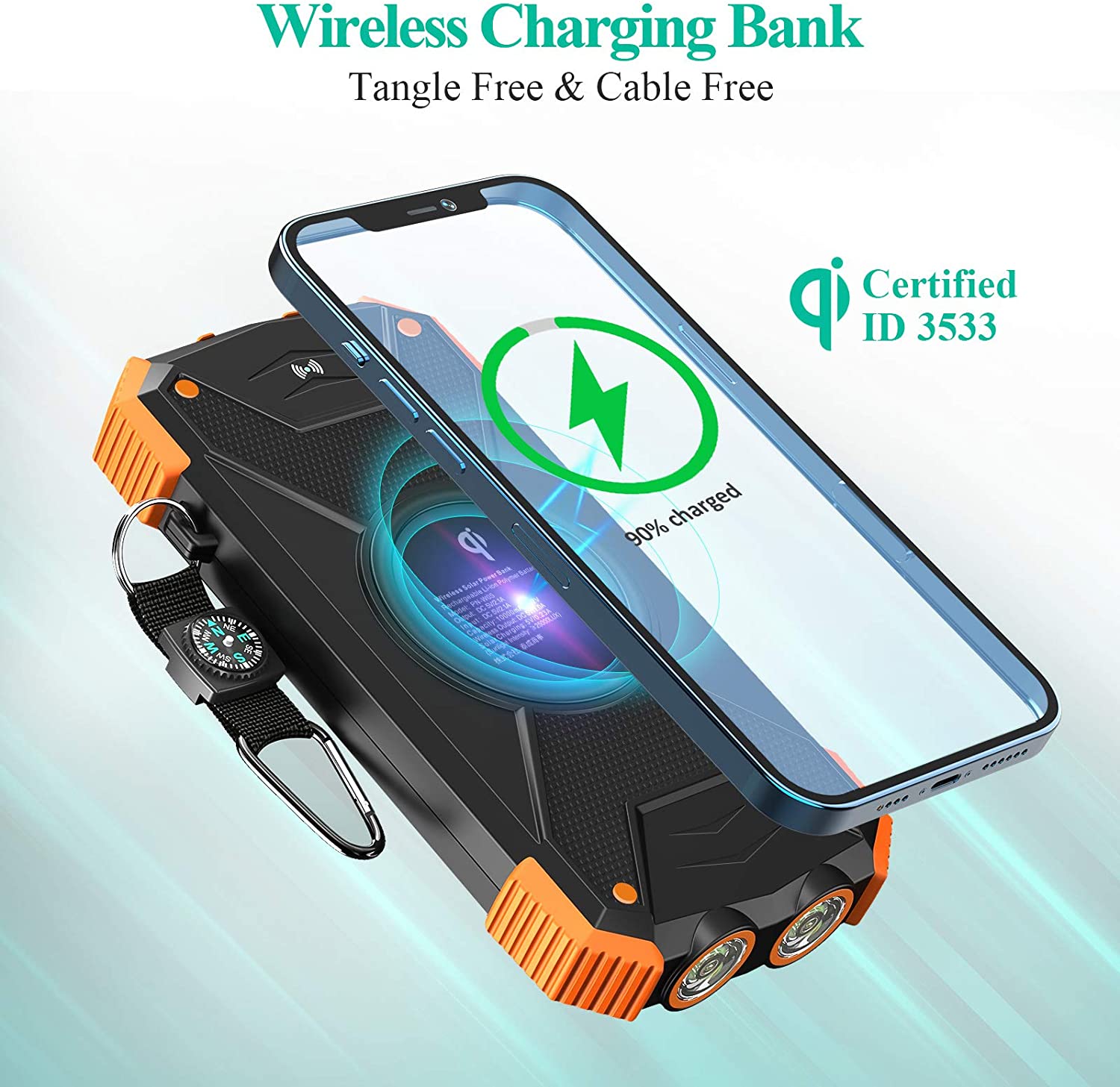 Qi Solar Power Bank Phone Charger 10,000mAh External Battery Pack Type C Input Port Dual Flashlight, Compass, Solar Panel Charging