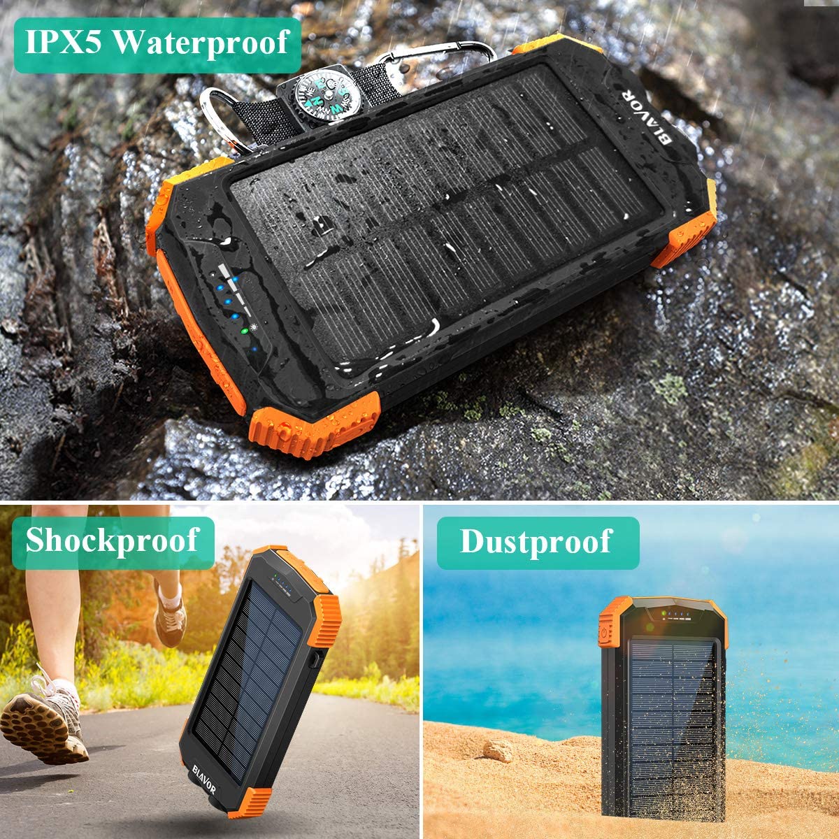 Qi Solar Power Bank Phone Charger 10,000mAh External Battery Pack Type C Input Port Dual Flashlight, Compass, Solar Panel Charging