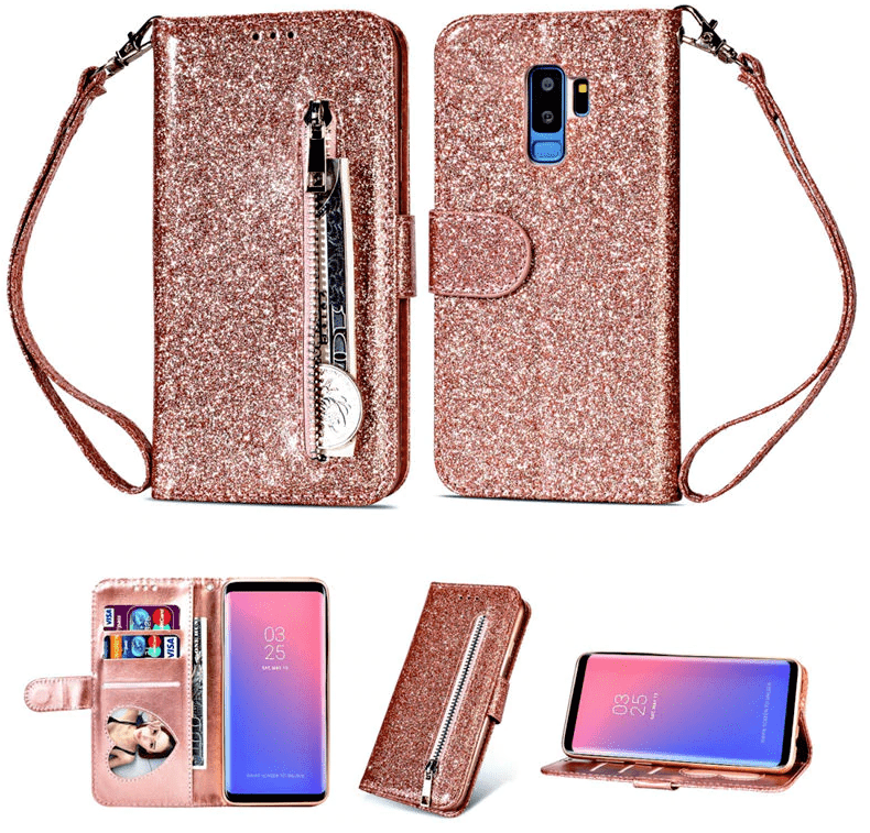 Evolveley's iPhones ทนทาน Slim Fit Magnet Flip Folio Luxury Glitter Sparkly Bling Leather Wallet Stand Cover Zipper Pocket Purse with Credit Card Holder & Wrist Strap for Women